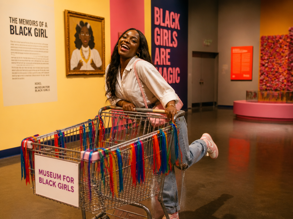 A guest having fun at the Museum for Black Girls, posing with a shopping cart decorated in rainbow ribbons