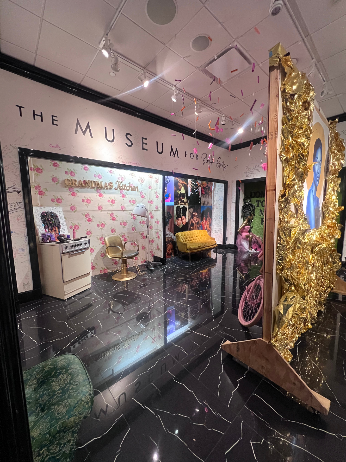 Grandma's Kitchen — gold-leaf installation, pink florals and vintage salon chairs
