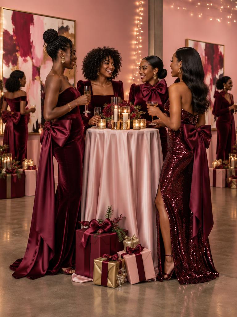 Friends celebrating around a festive cocktail table — AI-styled holiday concept