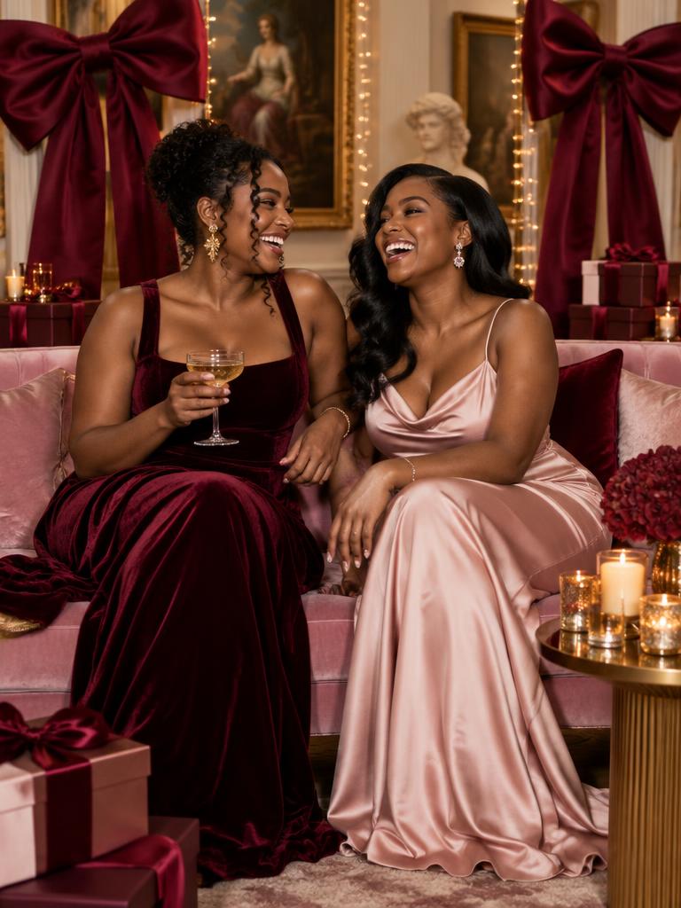 Black women enjoying a holiday evening with satin bows and gifts — AI-styled concept