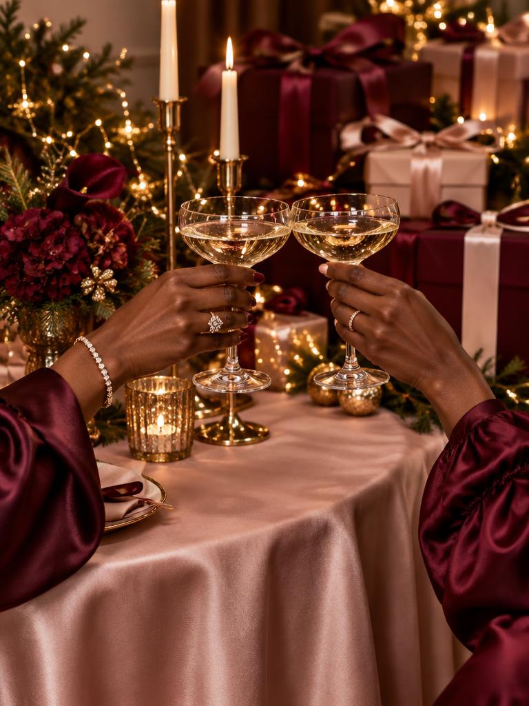 A festive toast surrounded by gifts and golden candlelight — AI-styled concept