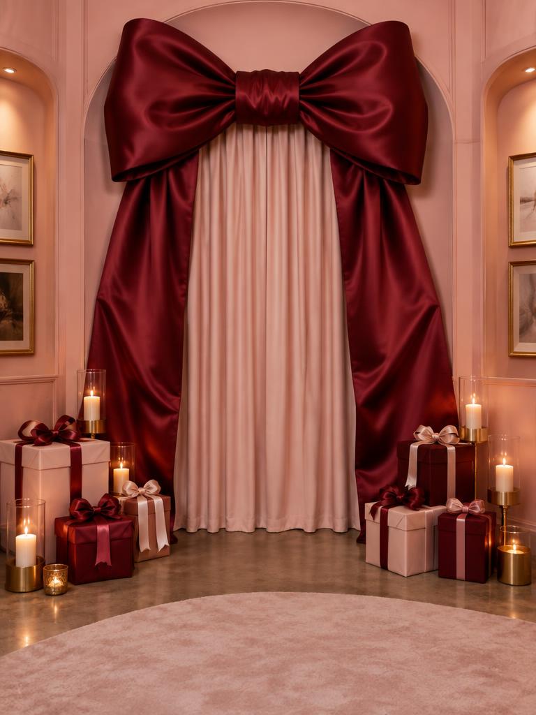 Oversized satin bow, wrapped gifts and candlelit holiday backdrop — AI-styled concept