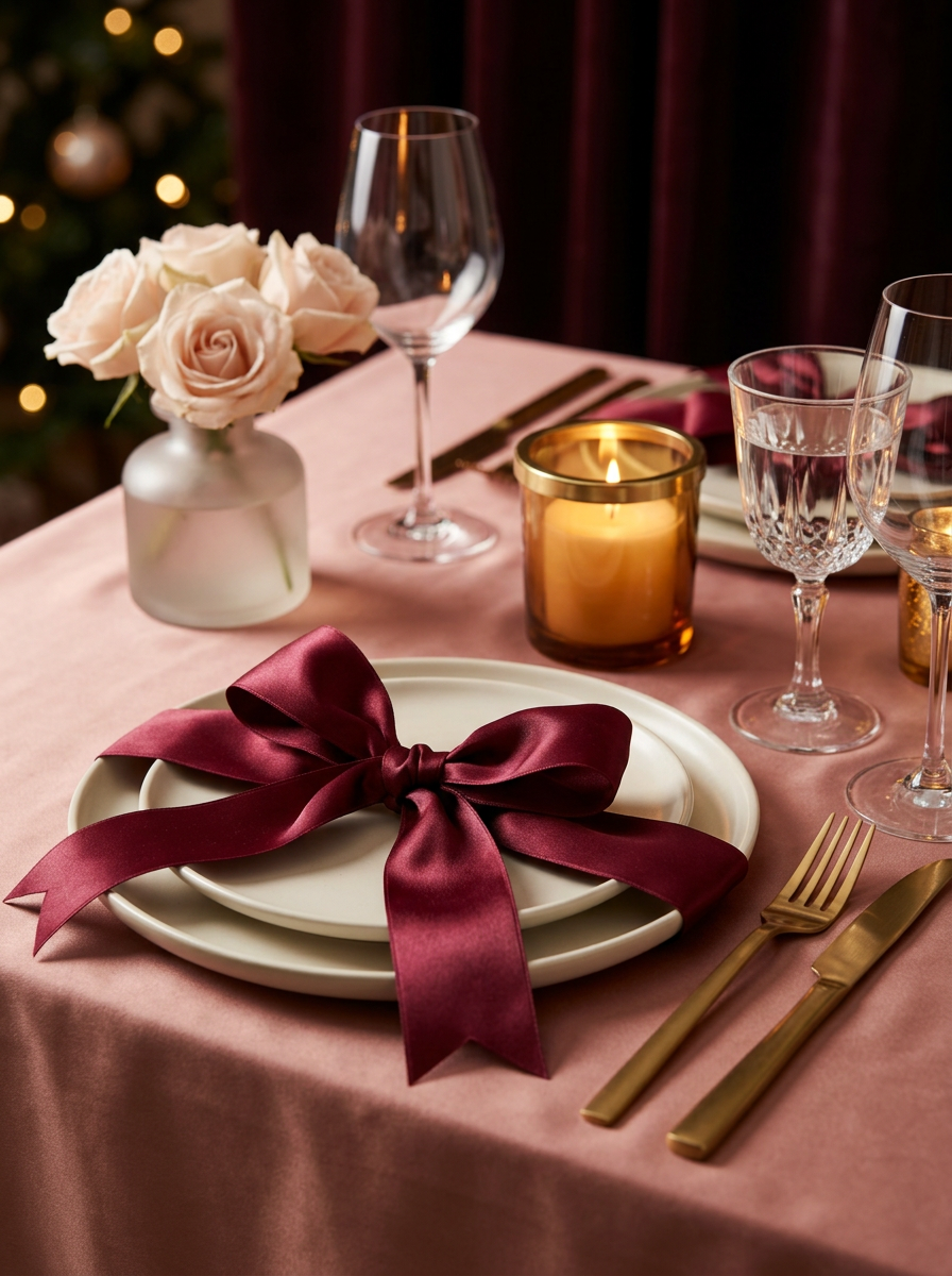 A holiday tablescape styled with blush linen, satin and candlelight — AI-styled concept