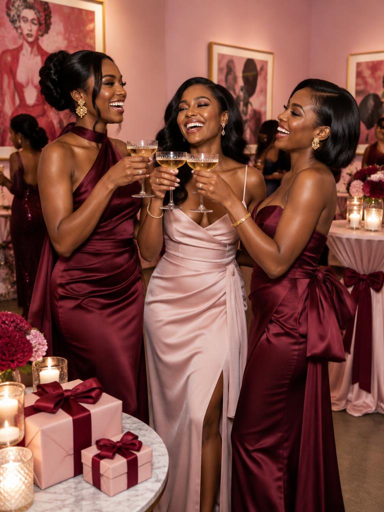 Black women toasting amid satin bows, gifts and candlelight — AI-styled holiday concept