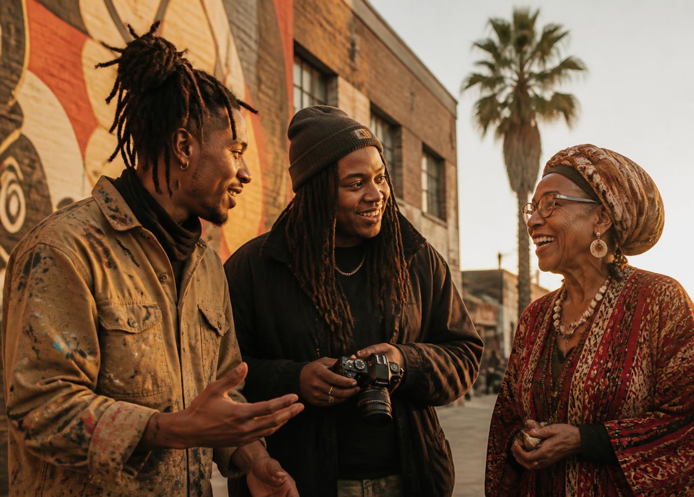 Oakland artists and an elder in conversation at golden hour